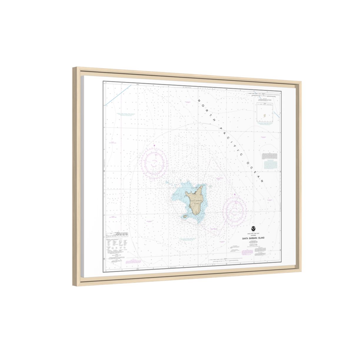 Chart 18756 Santa Barbara Island - NOAA Nautical Chart Floating Frame Canvas | 32" x 24" | 40" x 30" - Natural side