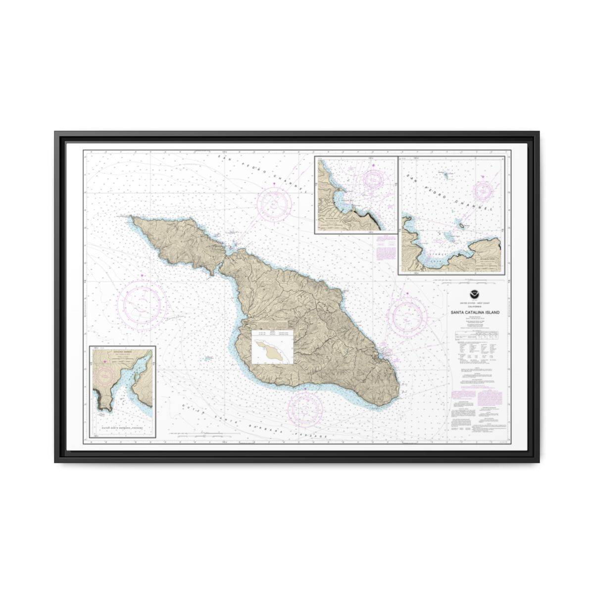 Chart 18757 Santa Catalina Island;Avalon Bay;Catalina Harbor;Isthmus Cove - NOAA Nautical Chart Floating Frame Canvas | 30" x 20" | 36" x 24" | 48" x 32" - Black front