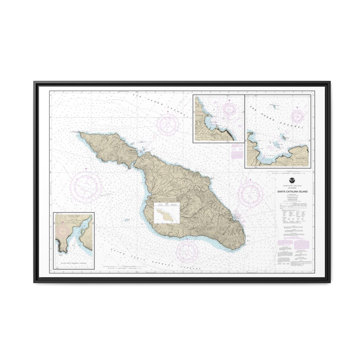 Chart 18757 Santa Catalina Island;Avalon Bay;Catalina Harbor;Isthmus Cove - NOAA Nautical Chart Floating Frame Canvas | 30" x 20" | 36" x 24" | 48" x 32" - Black front