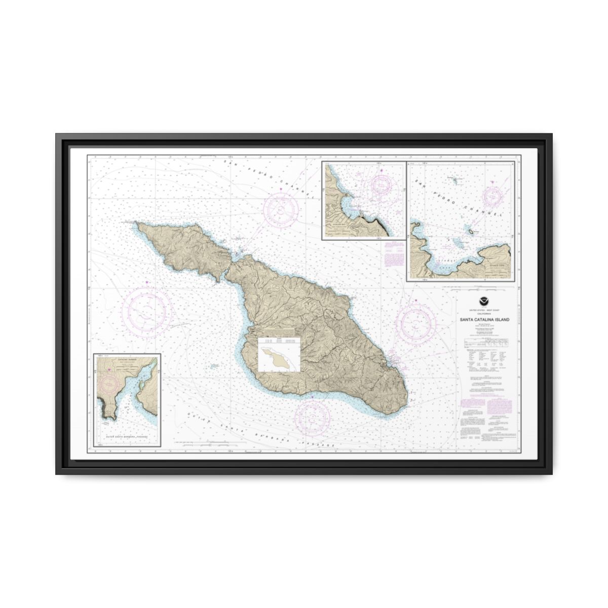 Chart 18757 Santa Catalina Island;Avalon Bay;Catalina Harbor;Isthmus Cove - NOAA Nautical Chart Floating Frame Canvas | 30" x 20" | 36" x 24" | 48" x 32" - Black front