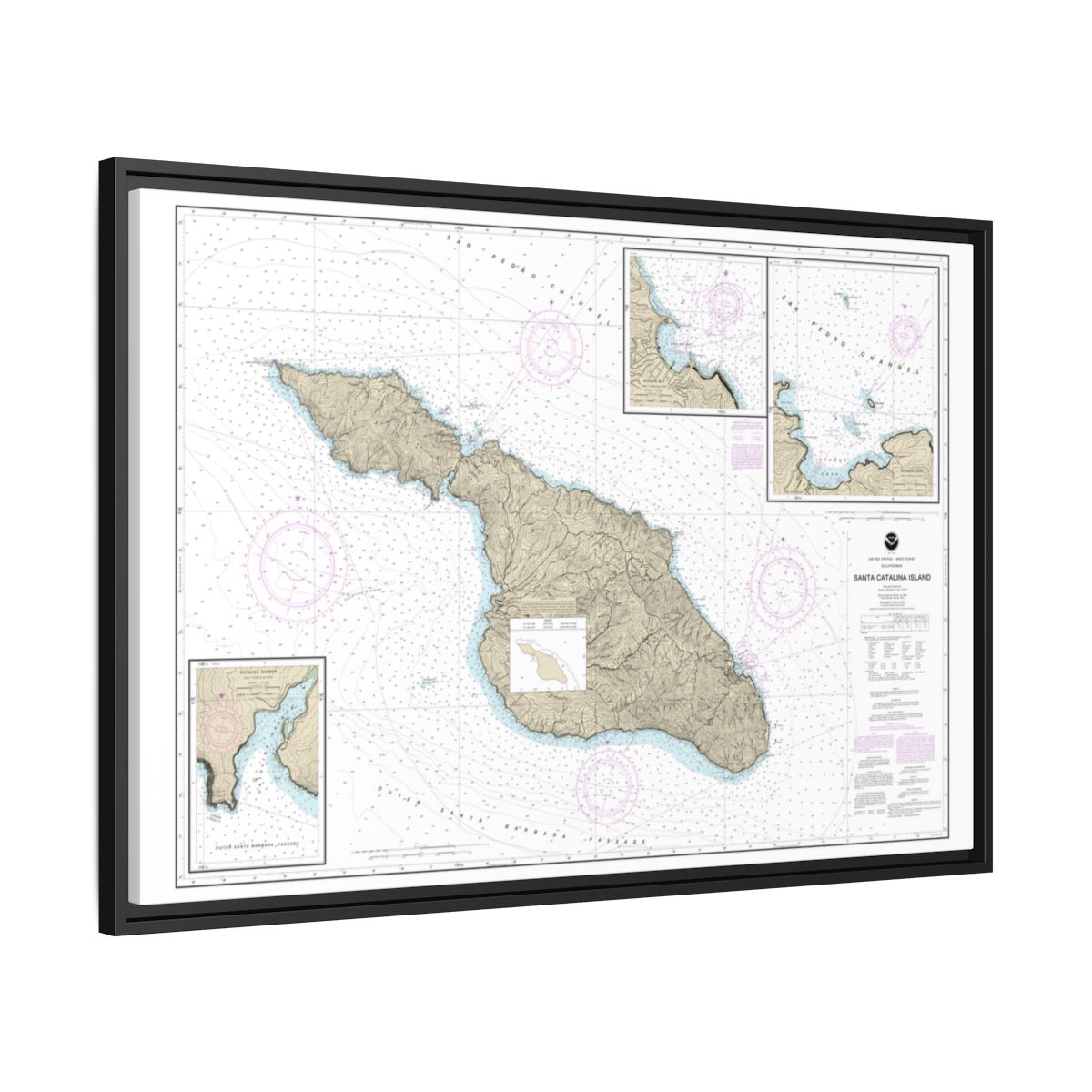 Chart 18757 Santa Catalina Island;Avalon Bay;Catalina Harbor;Isthmus Cove - NOAA Nautical Chart Floating Frame Canvas | 30" x 20" | 36" x 24" | 48" x 32" - Black side
