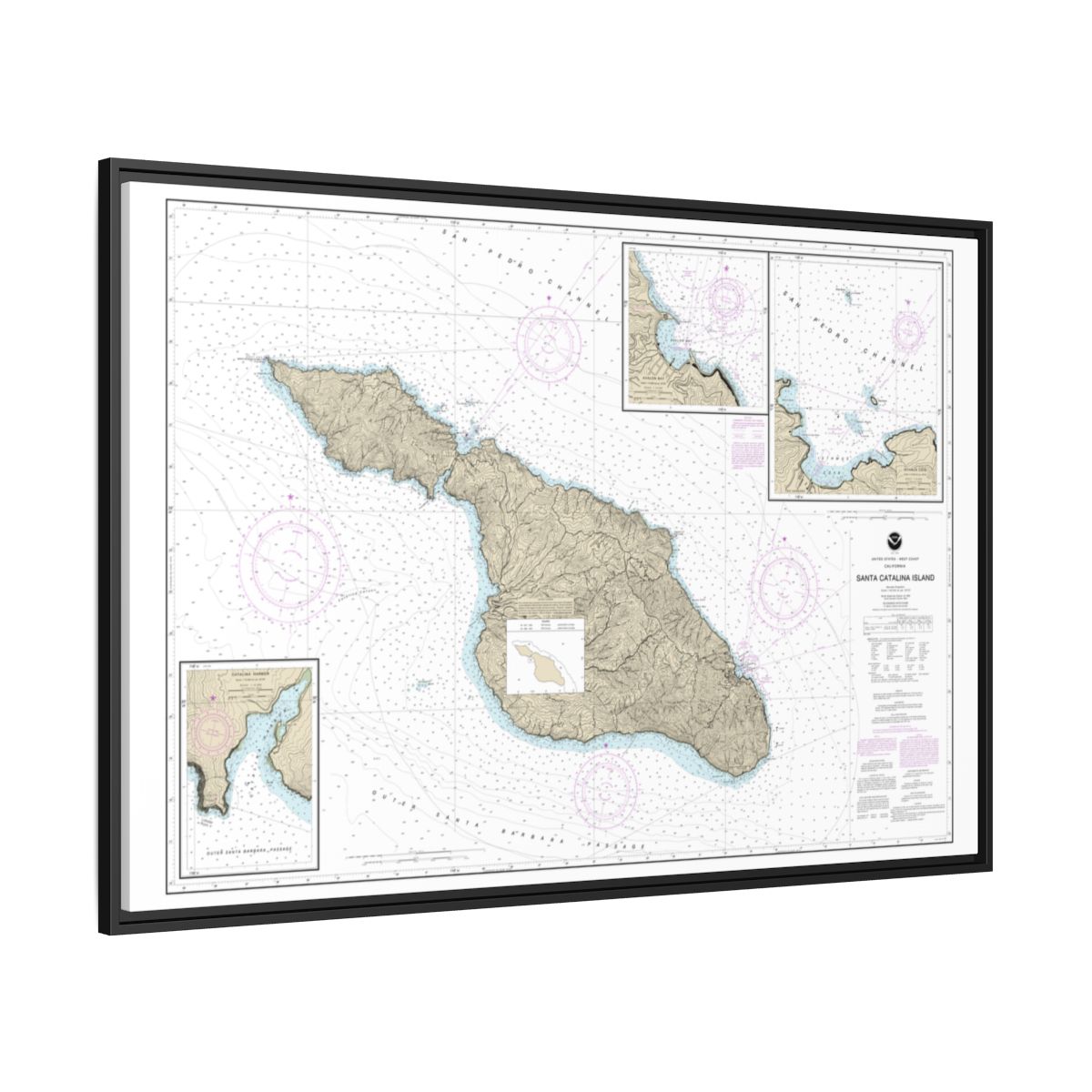 Chart 18757 Santa Catalina Island;Avalon Bay;Catalina Harbor;Isthmus Cove - NOAA Nautical Chart Floating Frame Canvas | 30" x 20" | 36" x 24" | 48" x 32" - Black side