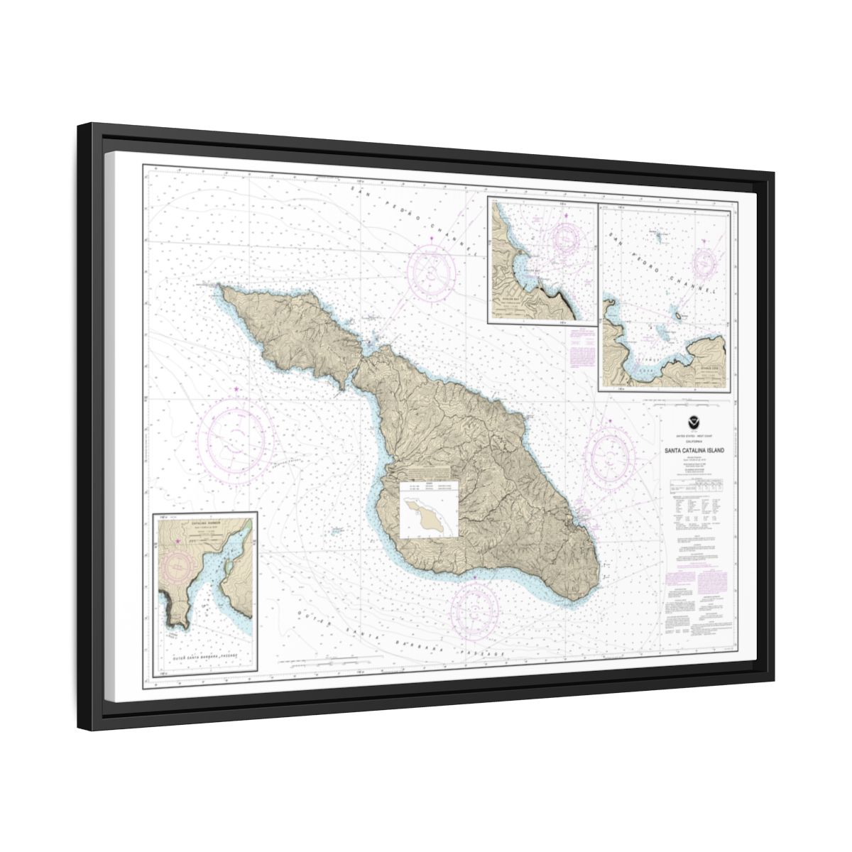 Chart 18757 Santa Catalina Island;Avalon Bay;Catalina Harbor;Isthmus Cove - NOAA Nautical Chart Floating Frame Canvas | 30" x 20" | 36" x 24" | 48" x 32" - Black side