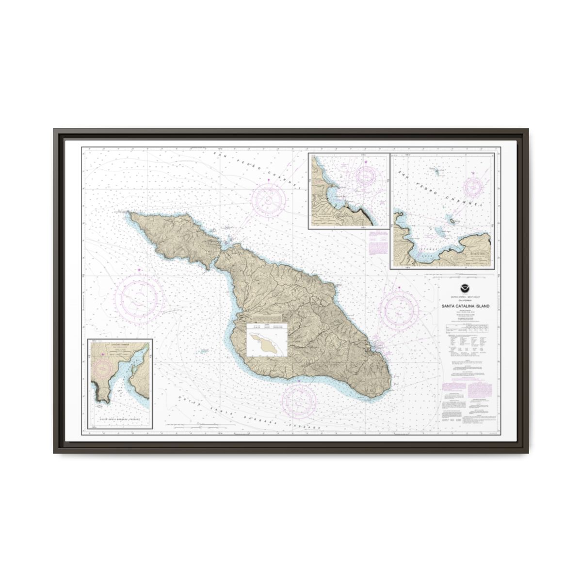 Chart 18757 Santa Catalina Island;Avalon Bay;Catalina Harbor;Isthmus Cove - NOAA Nautical Chart Floating Frame Canvas | 30" x 20" | 36" x 24" | 48" x 32" - Espresso front