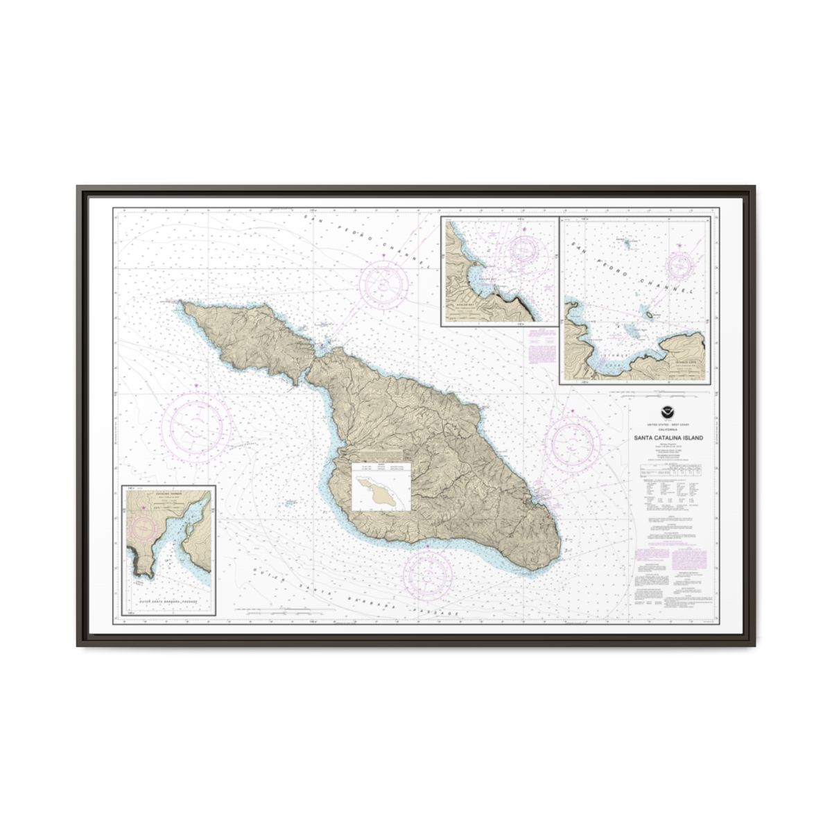 Chart 18757 Santa Catalina Island;Avalon Bay;Catalina Harbor;Isthmus Cove - NOAA Nautical Chart Floating Frame Canvas | 30" x 20" | 36" x 24" | 48" x 32" - Espresso front