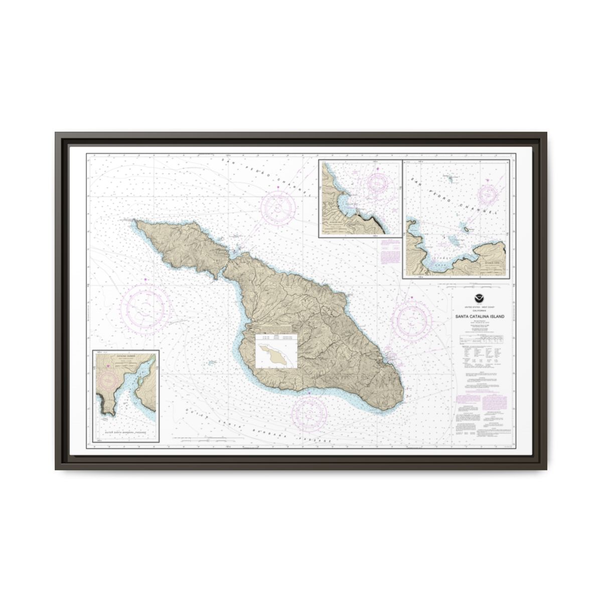 Chart 18757 Santa Catalina Island;Avalon Bay;Catalina Harbor;Isthmus Cove - NOAA Nautical Chart Floating Frame Canvas | 30" x 20" | 36" x 24" | 48" x 32" - Espresso front