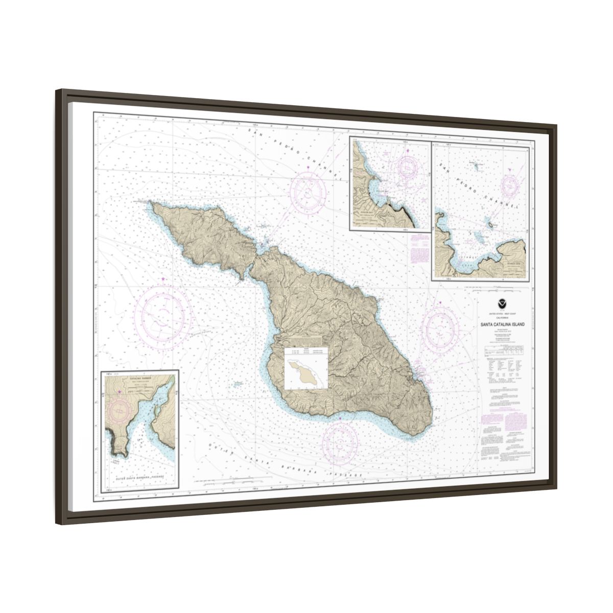 Chart 18757 Santa Catalina Island;Avalon Bay;Catalina Harbor;Isthmus Cove - NOAA Nautical Chart Floating Frame Canvas | 30" x 20" | 36" x 24" | 48" x 32" - Espresso side