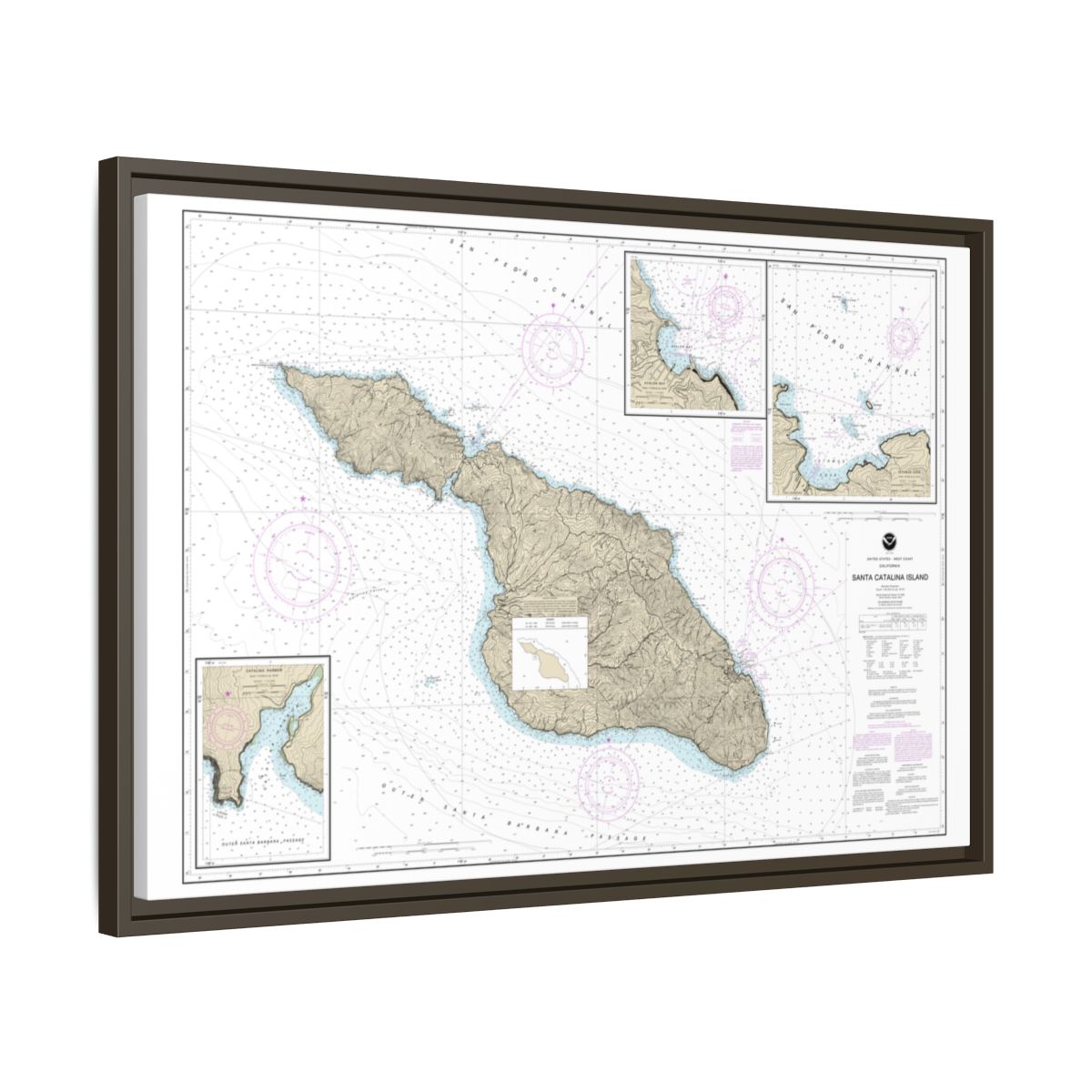 Chart 18757 Santa Catalina Island;Avalon Bay;Catalina Harbor;Isthmus Cove - NOAA Nautical Chart Floating Frame Canvas | 30" x 20" | 36" x 24" | 48" x 32" - Espresso side