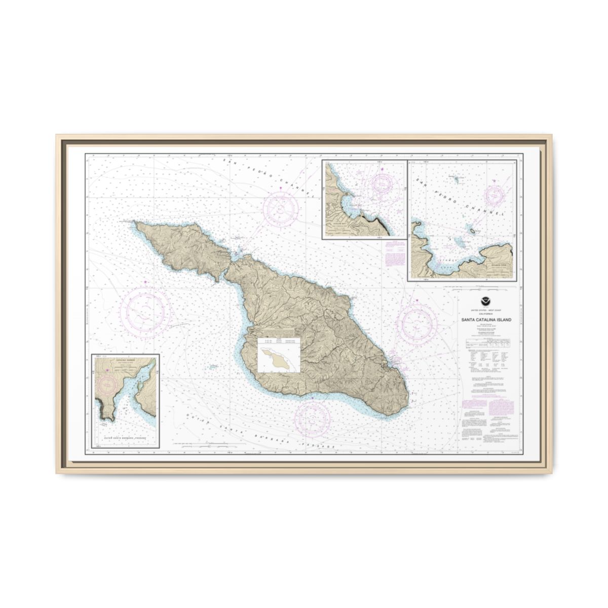 Chart 18757 Santa Catalina Island;Avalon Bay;Catalina Harbor;Isthmus Cove - NOAA Nautical Chart Floating Frame Canvas | 30" x 20" | 36" x 24" | 48" x 32" - Natural front