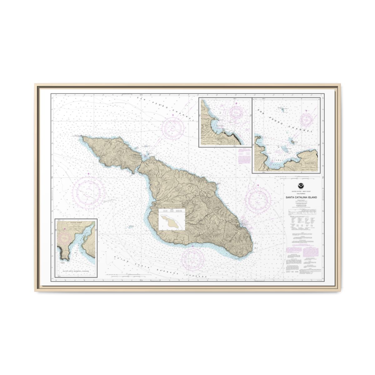 Chart 18757 Santa Catalina Island;Avalon Bay;Catalina Harbor;Isthmus Cove - NOAA Nautical Chart Floating Frame Canvas | 30" x 20" | 36" x 24" | 48" x 32" - Natural front
