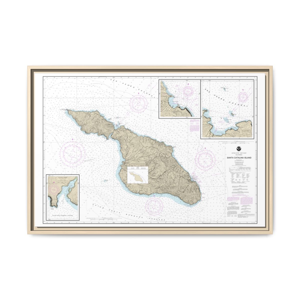 Chart 18757 Santa Catalina Island;Avalon Bay;Catalina Harbor;Isthmus Cove - NOAA Nautical Chart Floating Frame Canvas | 30" x 20" | 36" x 24" | 48" x 32" - Natural front