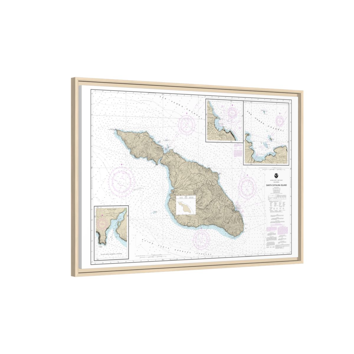 Chart 18757 Santa Catalina Island;Avalon Bay;Catalina Harbor;Isthmus Cove - NOAA Nautical Chart Floating Frame Canvas | 30" x 20" | 36" x 24" | 48" x 32" - Natural side