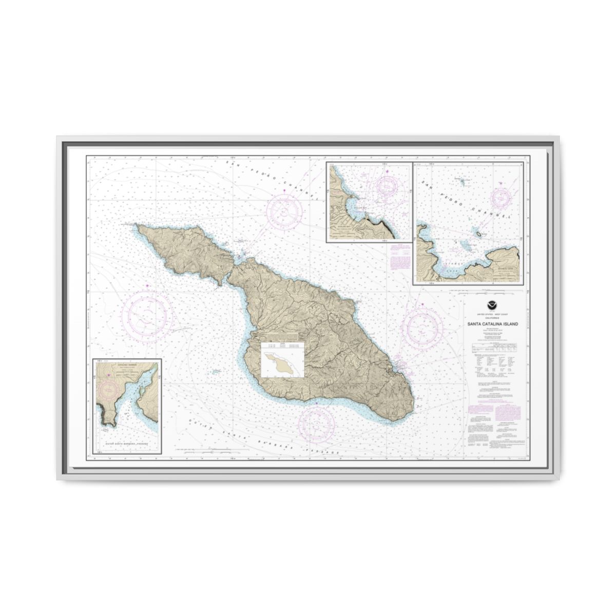 Chart 18757 Santa Catalina Island;Avalon Bay;Catalina Harbor;Isthmus Cove - NOAA Nautical Chart Floating Frame Canvas | 30" x 20" | 36" x 24" | 48" x 32" - White front