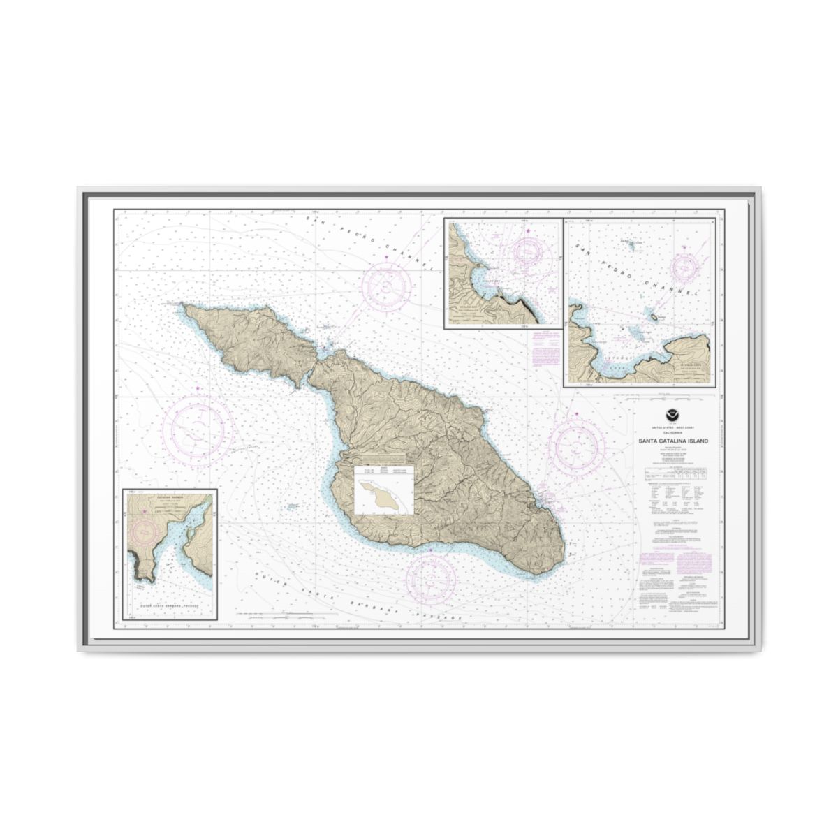 Chart 18757 Santa Catalina Island;Avalon Bay;Catalina Harbor;Isthmus Cove - NOAA Nautical Chart Floating Frame Canvas | 30" x 20" | 36" x 24" | 48" x 32" - White front