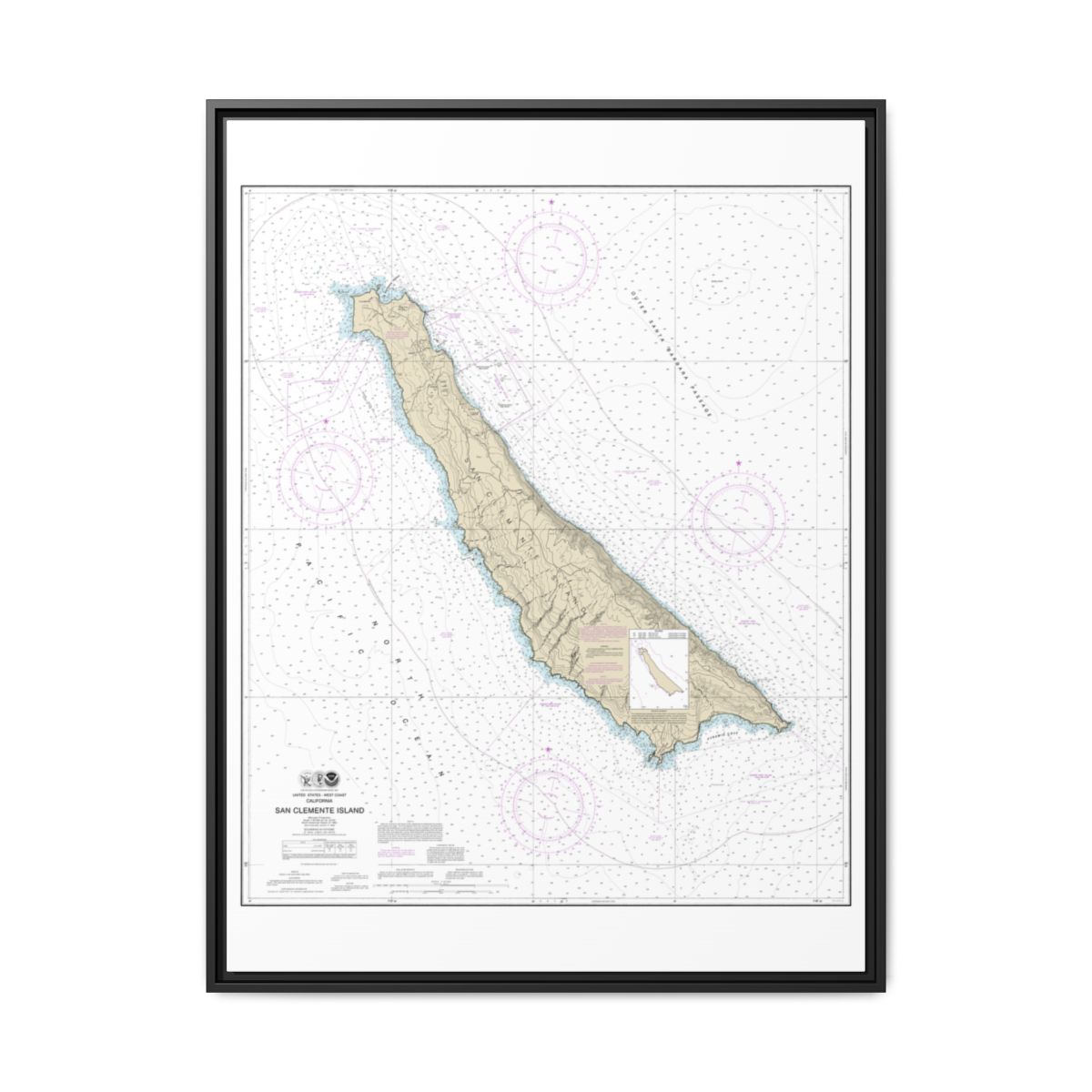 Chart 18762 San Clemente Island - NOAA Nautical Chart Floating Frame Canvas | 24" x 32" | 30" x 40" - Black front