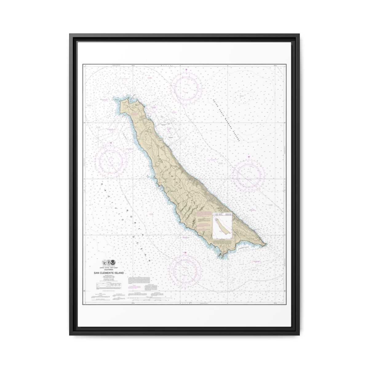 Chart 18762 San Clemente Island - NOAA Nautical Chart Floating Frame Canvas | 24" x 32" | 30" x 40" - Black front