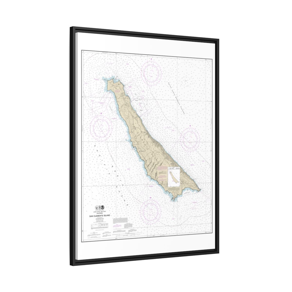 Chart 18762 San Clemente Island - NOAA Nautical Chart Floating Frame Canvas | 24" x 32" | 30" x 40" - Black side