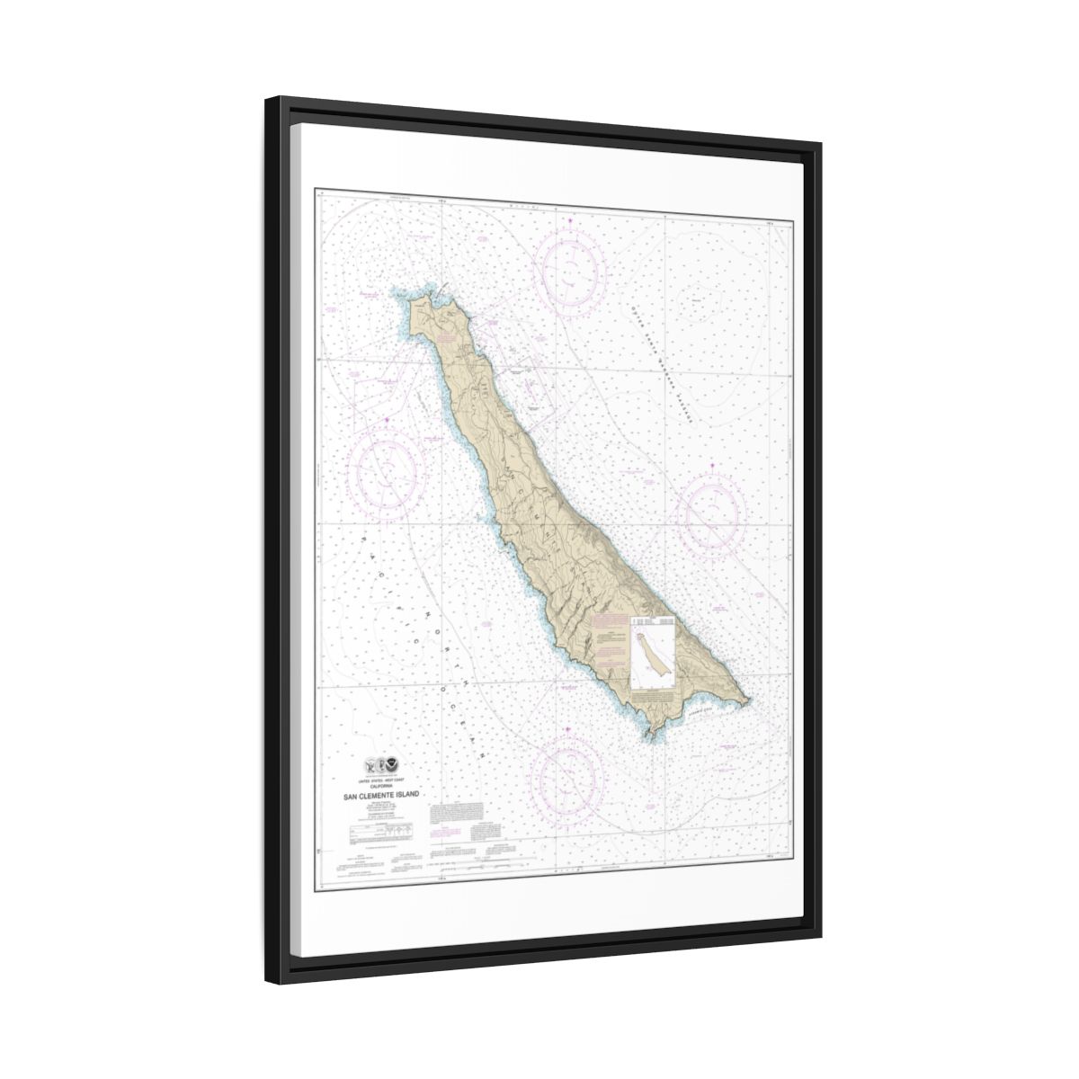 Chart 18762 San Clemente Island - NOAA Nautical Chart Floating Frame Canvas | 24" x 32" | 30" x 40" - Black side