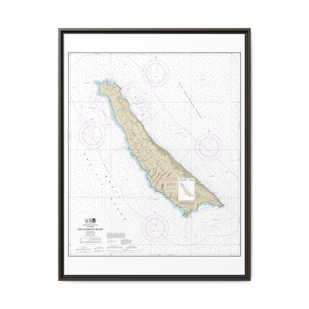 Chart 18762 San Clemente Island - NOAA Nautical Chart Floating Frame Canvas | 24" x 32" | 30" x 40" - Espresso front
