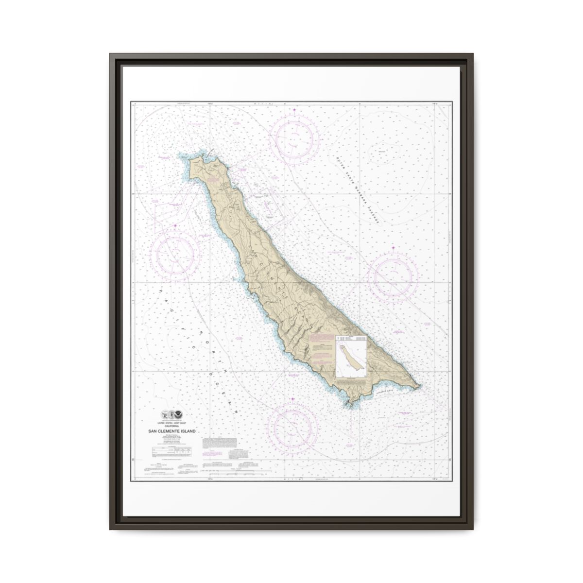 Chart 18762 San Clemente Island - NOAA Nautical Chart Floating Frame Canvas | 24" x 32" | 30" x 40" - Espresso front