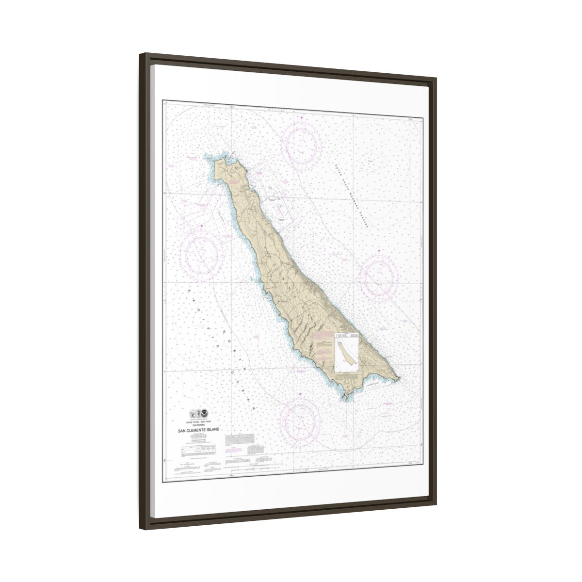 Chart 18762 San Clemente Island - NOAA Nautical Chart Floating Frame Canvas | 24" x 32" | 30" x 40" - Espresso side