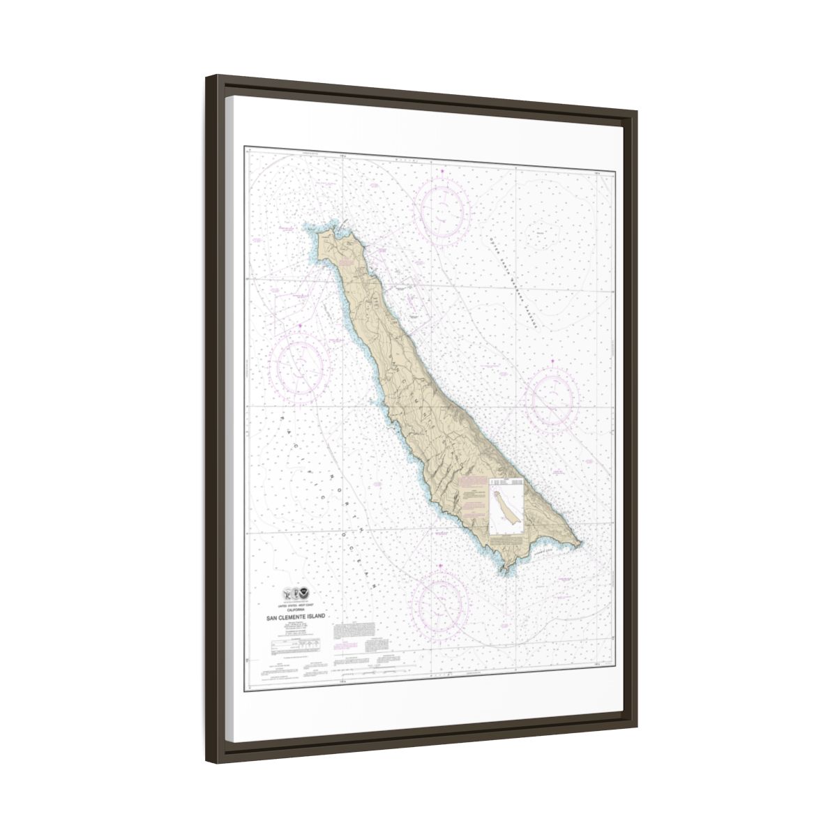 Chart 18762 San Clemente Island - NOAA Nautical Chart Floating Frame Canvas | 24" x 32" | 30" x 40" - Espresso side