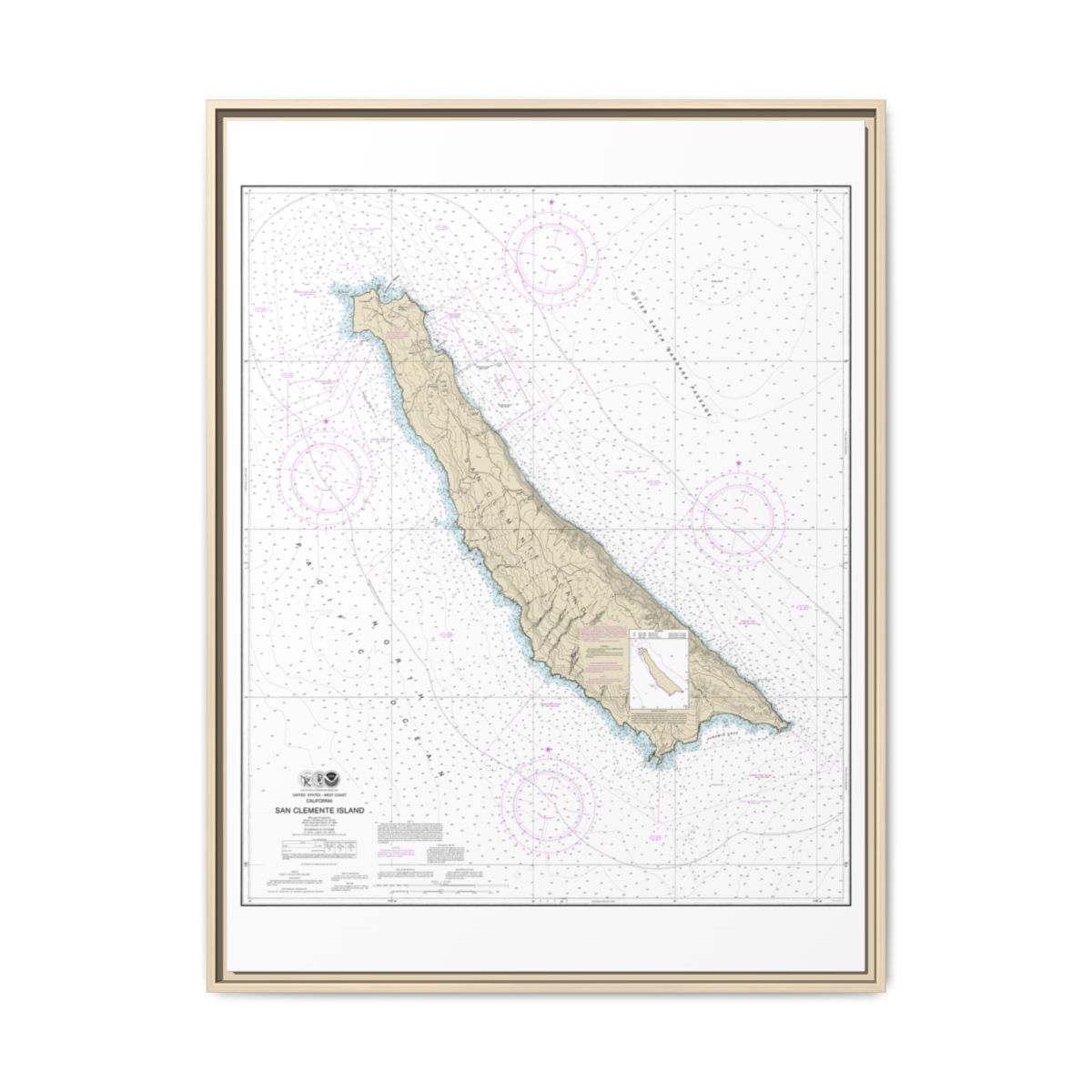 Chart 18762 San Clemente Island - NOAA Nautical Chart Floating Frame Canvas | 24" x 32" | 30" x 40" - Natural front