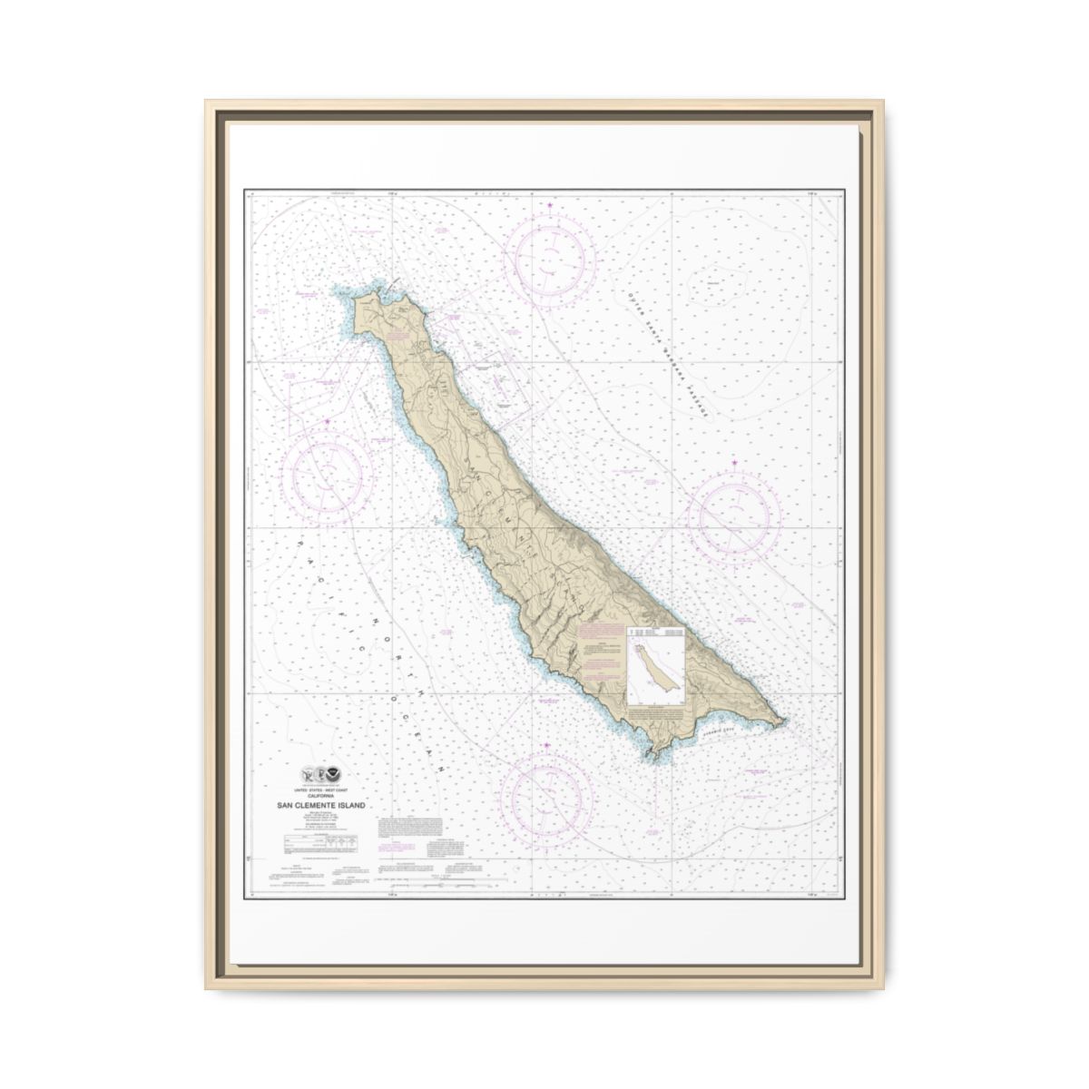 Chart 18762 San Clemente Island - NOAA Nautical Chart Floating Frame Canvas | 24" x 32" | 30" x 40" - Natural front