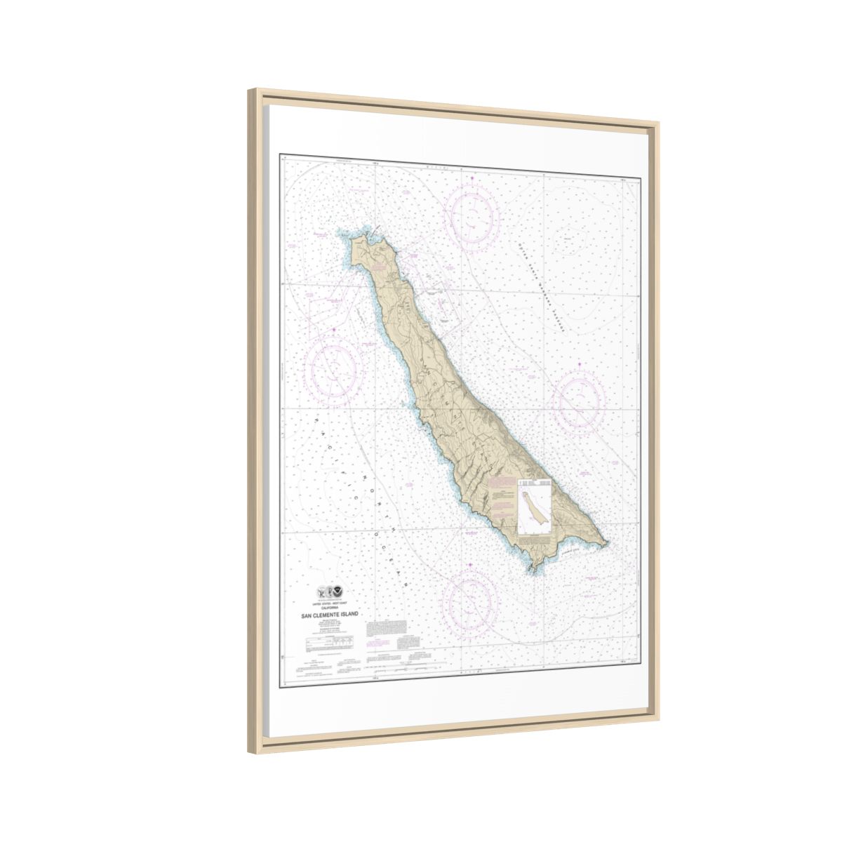 Chart 18762 San Clemente Island - NOAA Nautical Chart Floating Frame Canvas | 24" x 32" | 30" x 40" - Natural side
