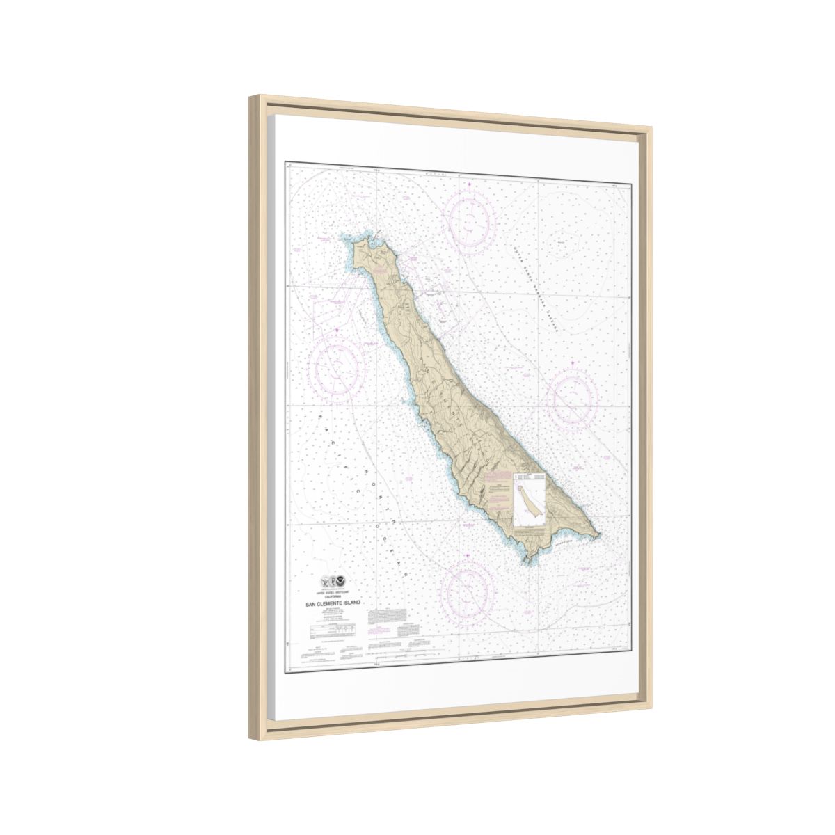 Chart 18762 San Clemente Island - NOAA Nautical Chart Floating Frame Canvas | 24" x 32" | 30" x 40" - Natural side