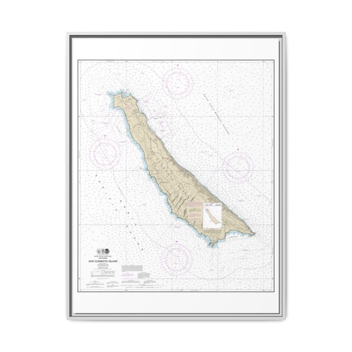 Chart 18762 San Clemente Island - NOAA Nautical Chart Floating Frame Canvas | 24" x 32" | 30" x 40" - White front