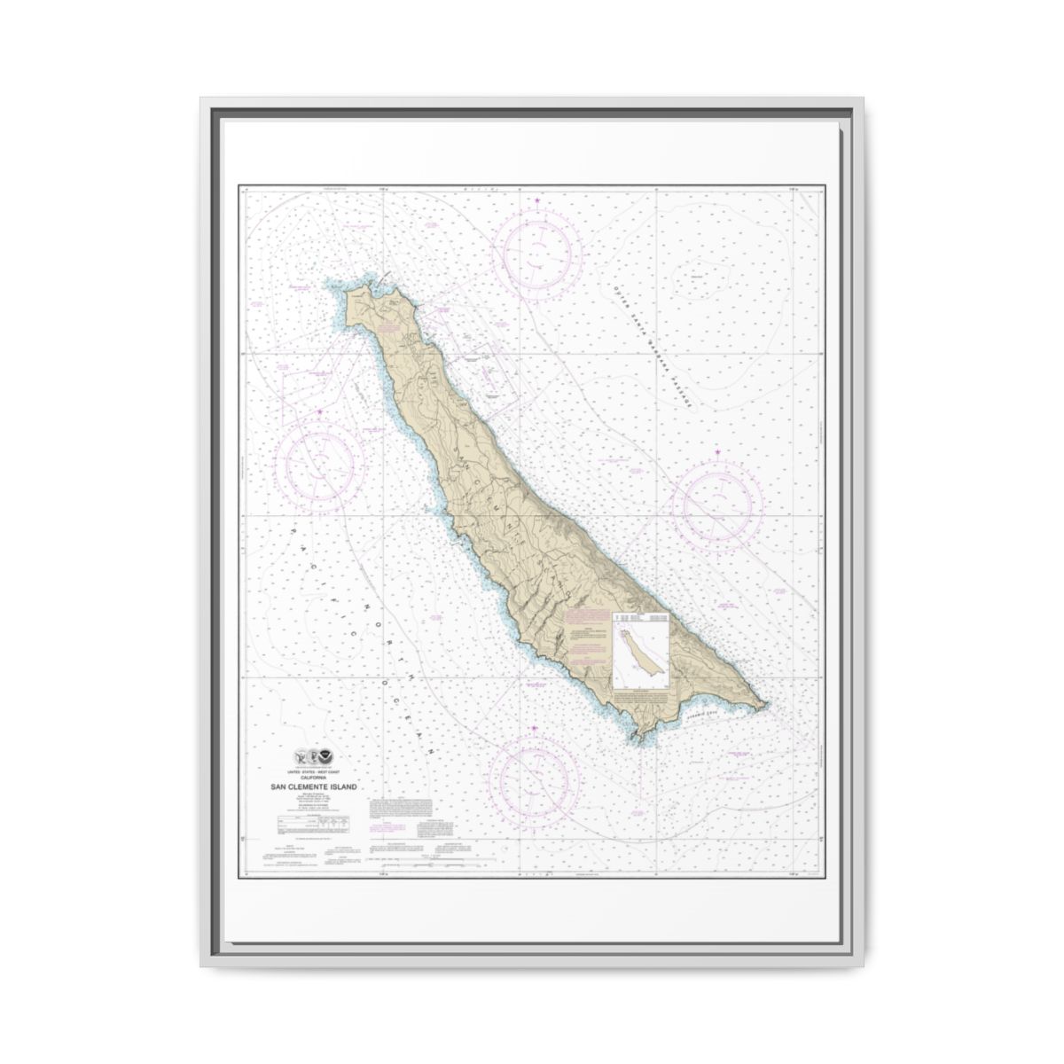 Chart 18762 San Clemente Island - NOAA Nautical Chart Floating Frame Canvas | 24" x 32" | 30" x 40" - White front