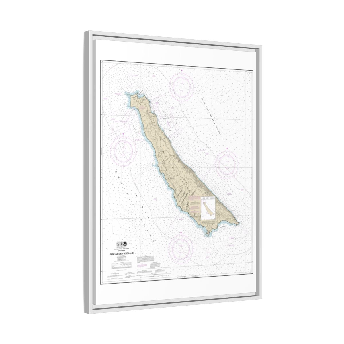 Chart 18762 San Clemente Island - NOAA Nautical Chart Floating Frame Canvas | 24" x 32" | 30" x 40" - White side