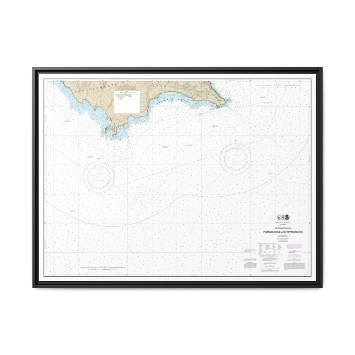 Chart 18764 San Clemente Island Pyramid Cove and approaches - NOAA Nautical Chart Floating Frame Canvas | 32" x 24" | 40" x 30" - Black front