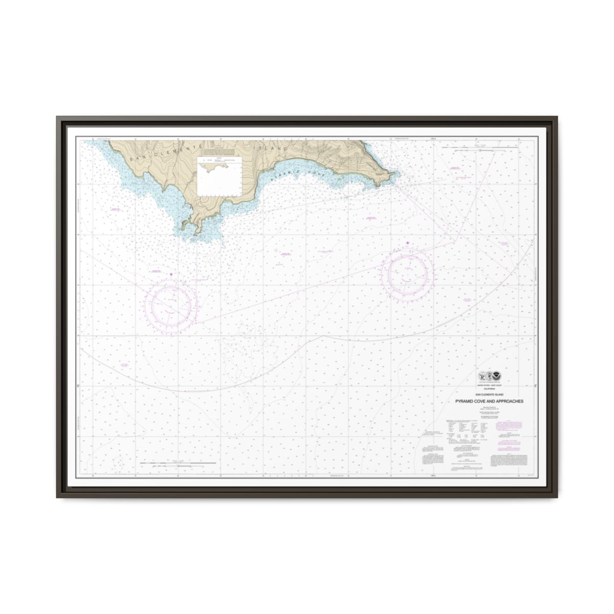 Chart 18764 San Clemente Island Pyramid Cove and approaches - NOAA Nautical Chart Floating Frame Canvas | 32" x 24" | 40" x 30" - Espresso front
