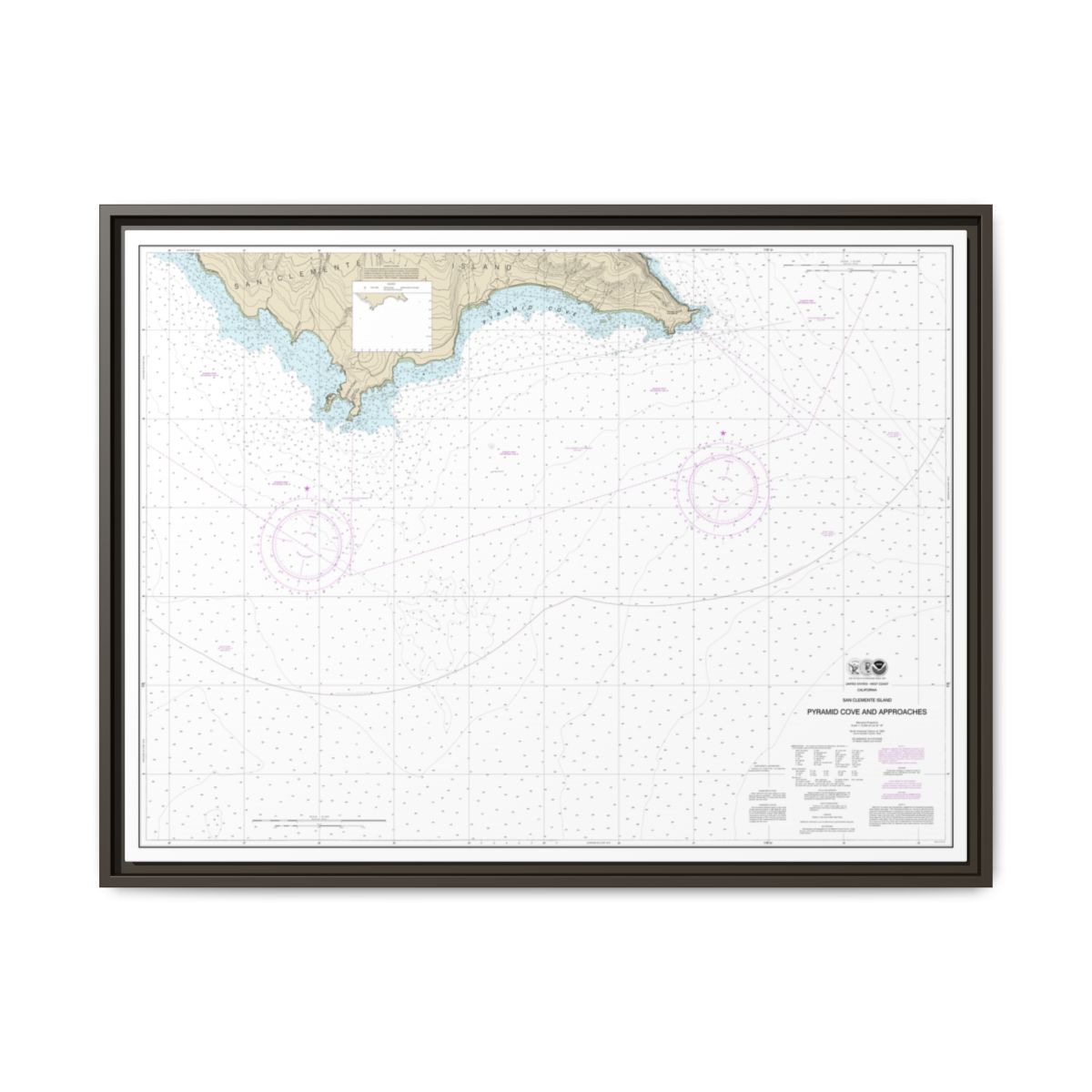 Chart 18764 San Clemente Island Pyramid Cove and approaches - NOAA Nautical Chart Floating Frame Canvas | 32" x 24" | 40" x 30" - Espresso front