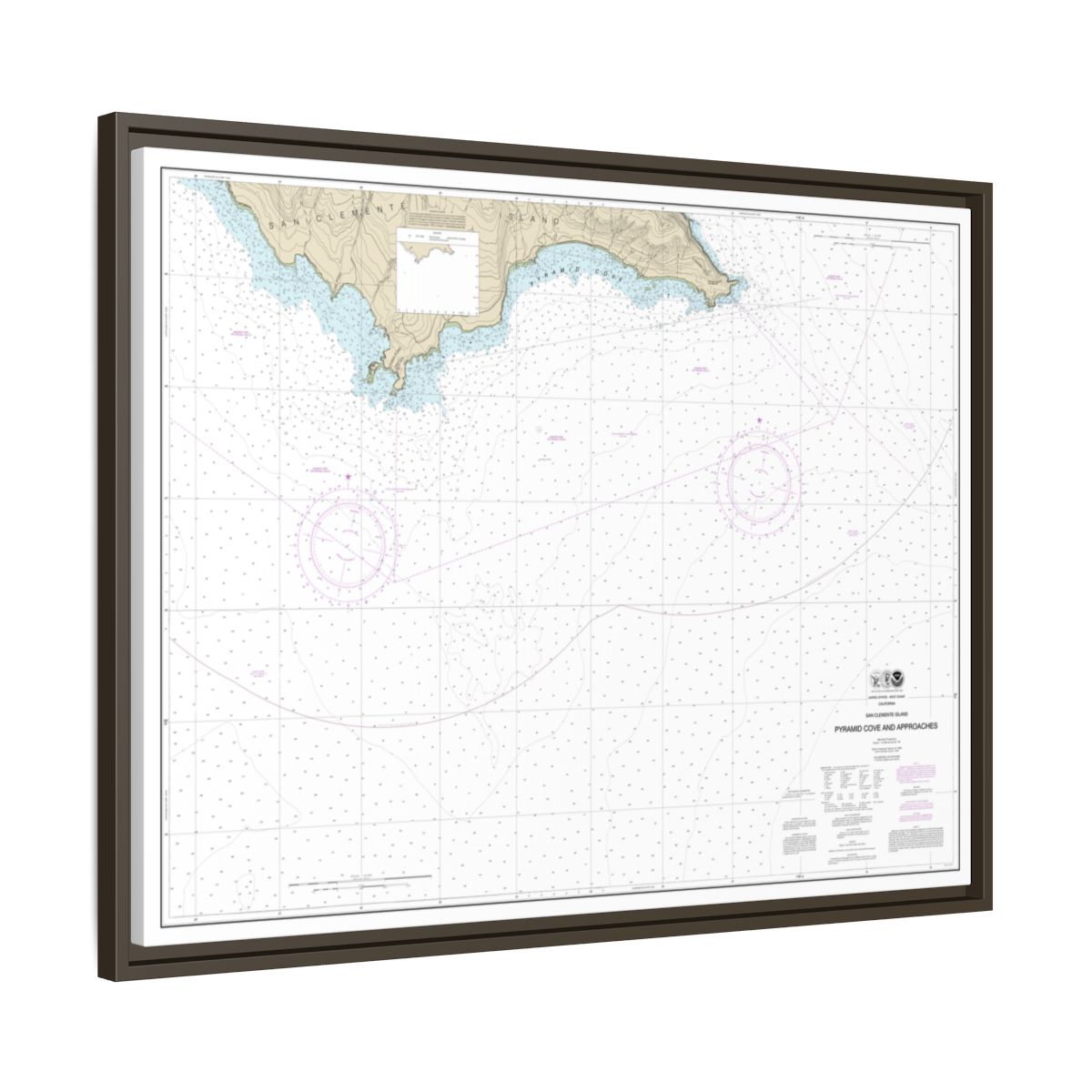 Chart 18764 San Clemente Island Pyramid Cove and approaches - NOAA Nautical Chart Floating Frame Canvas | 32" x 24" | 40" x 30" - Espresso side