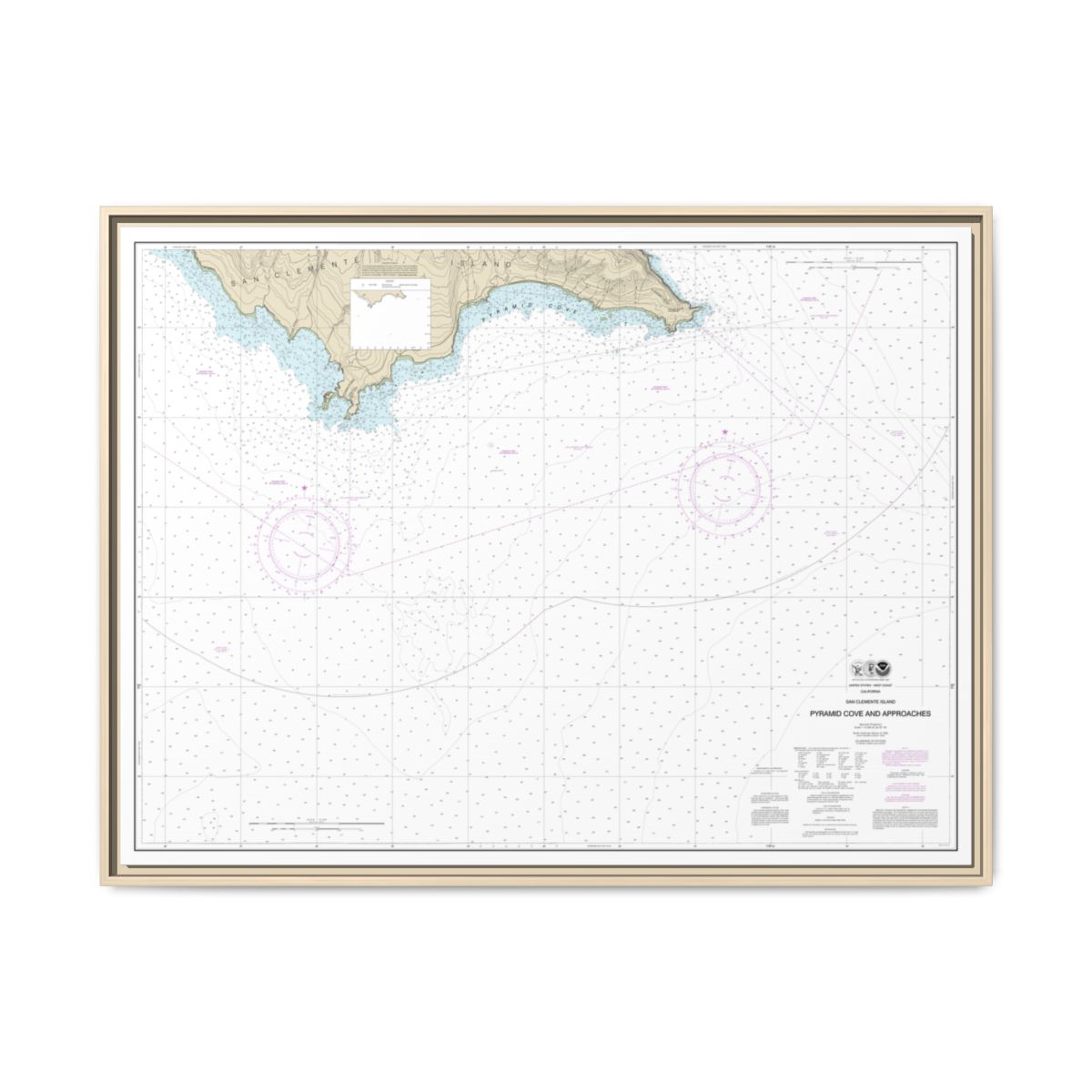Chart 18764 San Clemente Island Pyramid Cove and approaches - NOAA Nautical Chart Floating Frame Canvas | 32" x 24" | 40" x 30" - Natural front