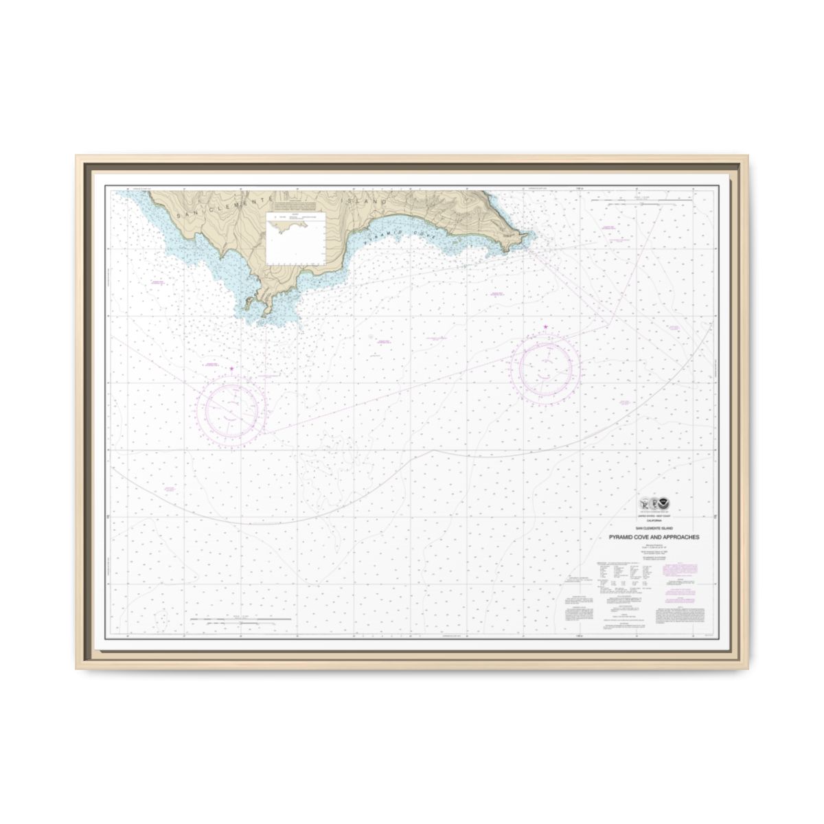 Chart 18764 San Clemente Island Pyramid Cove and approaches - NOAA Nautical Chart Floating Frame Canvas | 32" x 24" | 40" x 30" - Natural front