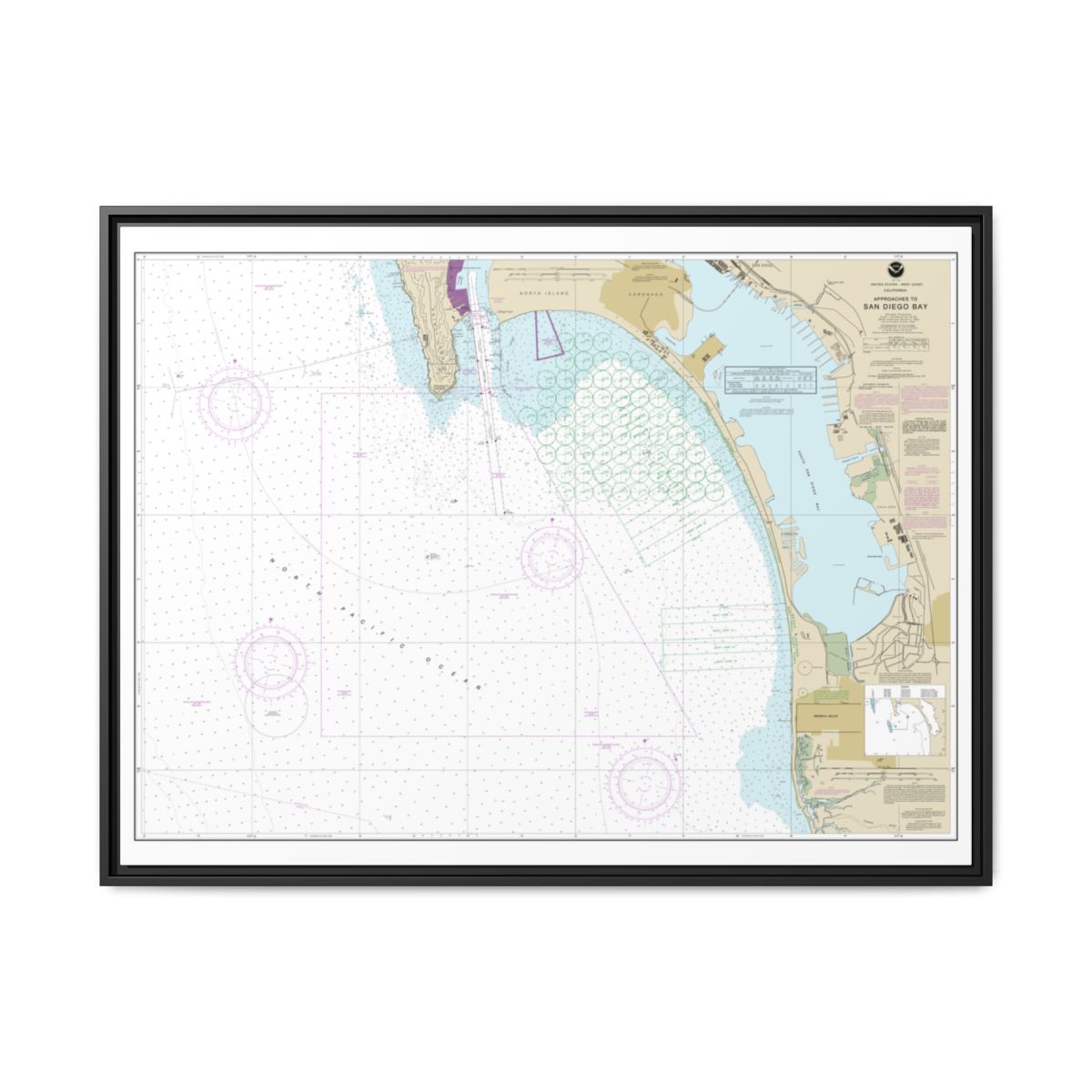 Chart 18772 Approaches to San Diego Bay - NOAA Nautical Chart Floating Frame Canvas | 32" x 24" | 40" x 30" - Black front