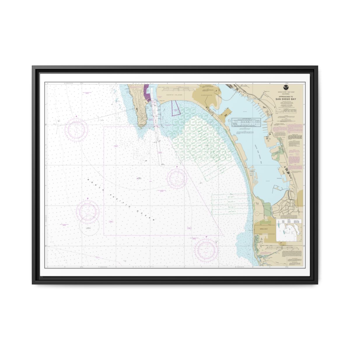 Chart 18772 Approaches to San Diego Bay - NOAA Nautical Chart Floating Frame Canvas | 32" x 24" | 40" x 30" - Black front