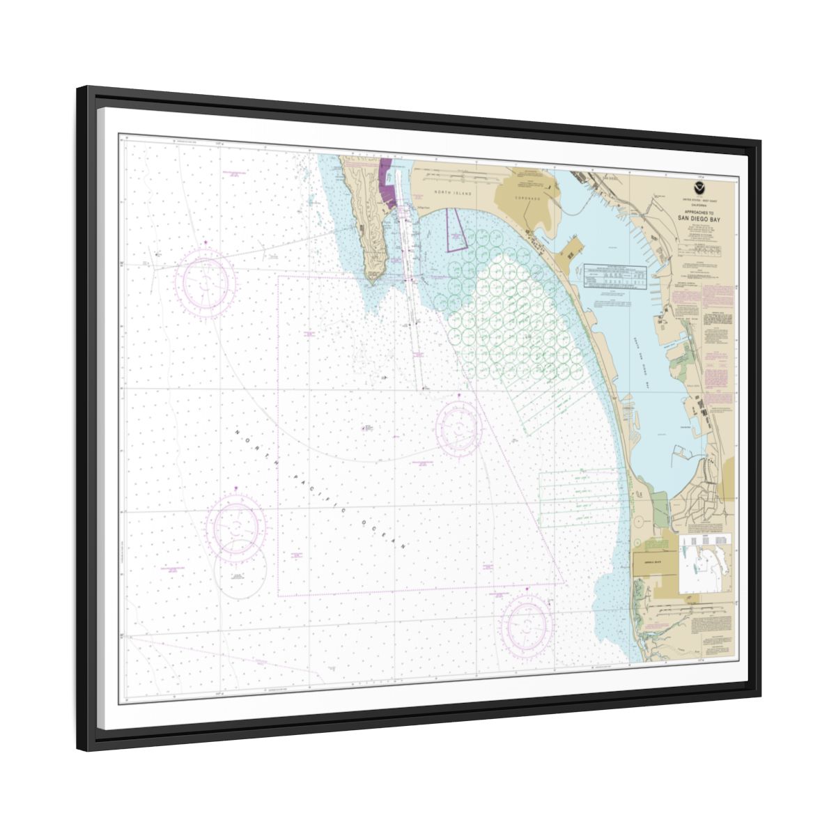 Chart 18772 Approaches to San Diego Bay - NOAA Nautical Chart Floating Frame Canvas | 32" x 24" | 40" x 30" - Black side