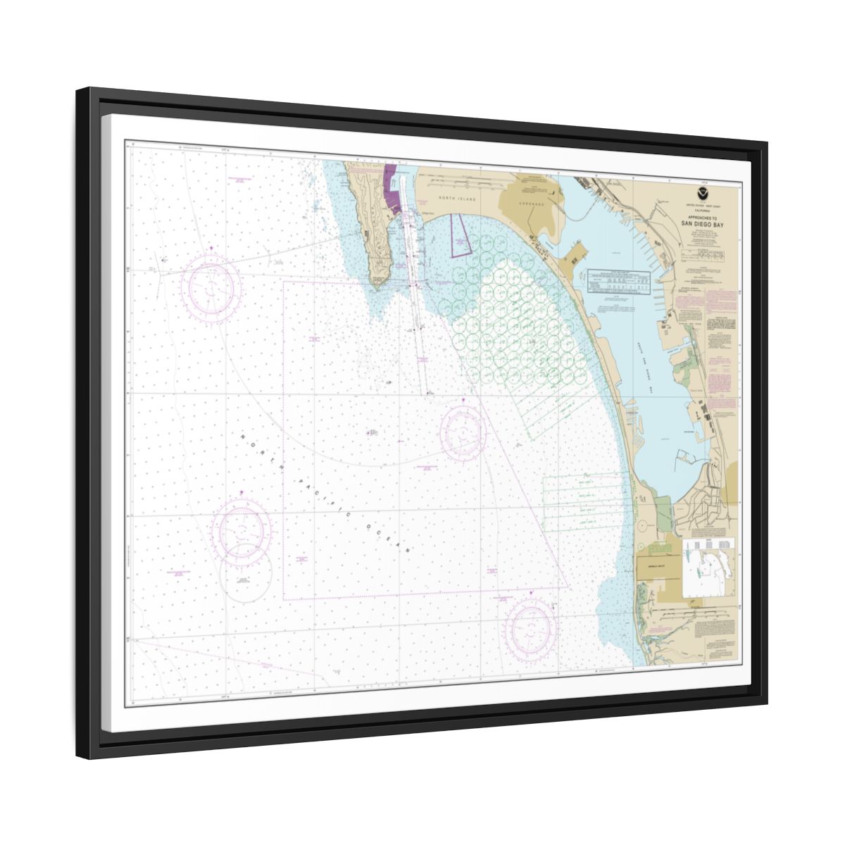 Chart 18772 Approaches to San Diego Bay - NOAA Nautical Chart Floating Frame Canvas | 32" x 24" | 40" x 30" - Black side