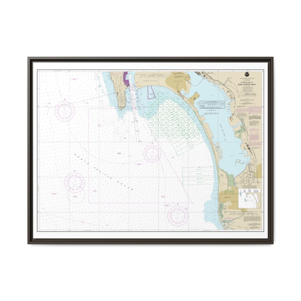 Chart 18772 Approaches to San Diego Bay - NOAA Nautical Chart Floating Frame Canvas | 32" x 24" | 40" x 30" - Espresso front