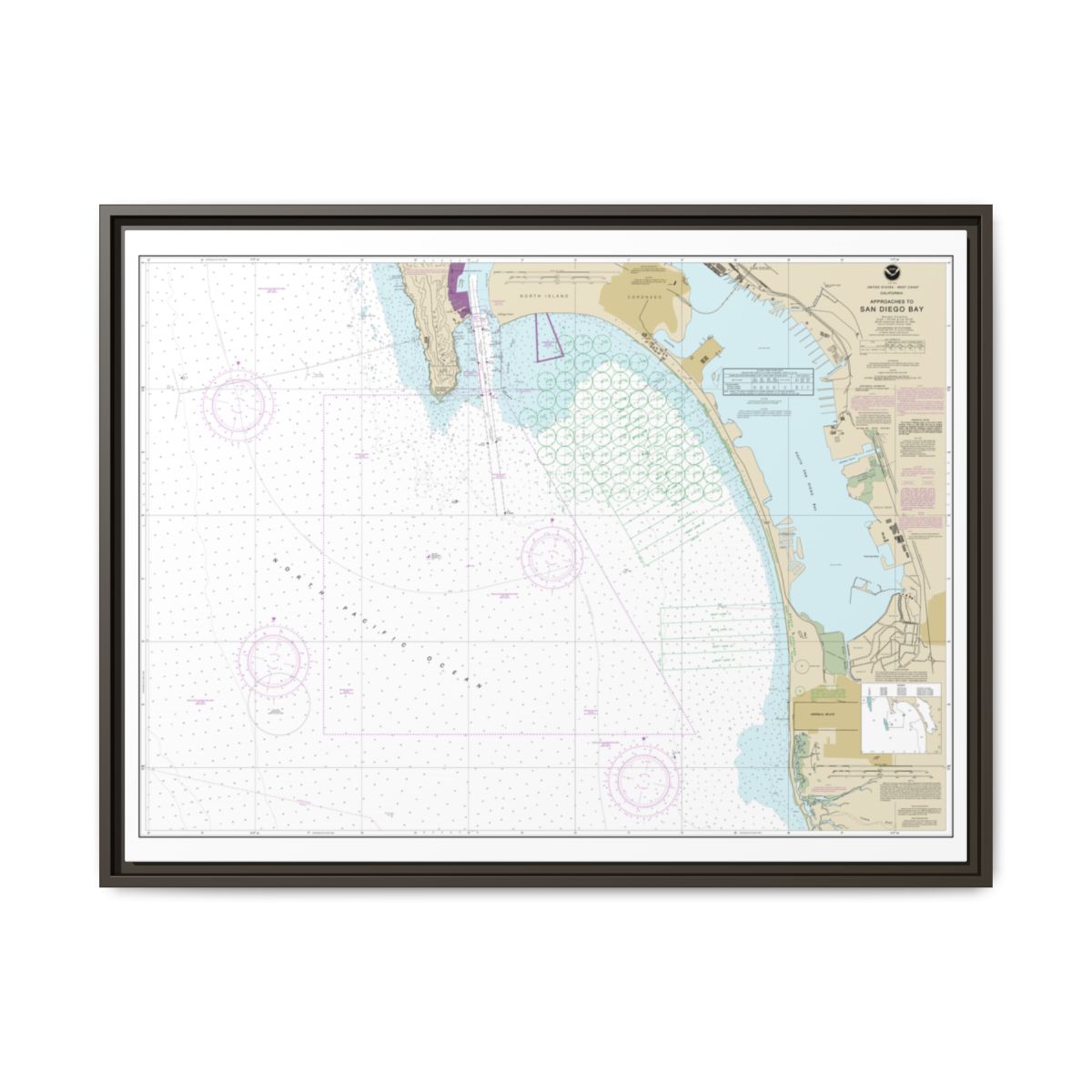 Chart 18772 Approaches to San Diego Bay - NOAA Nautical Chart Floating Frame Canvas | 32" x 24" | 40" x 30" - Espresso front