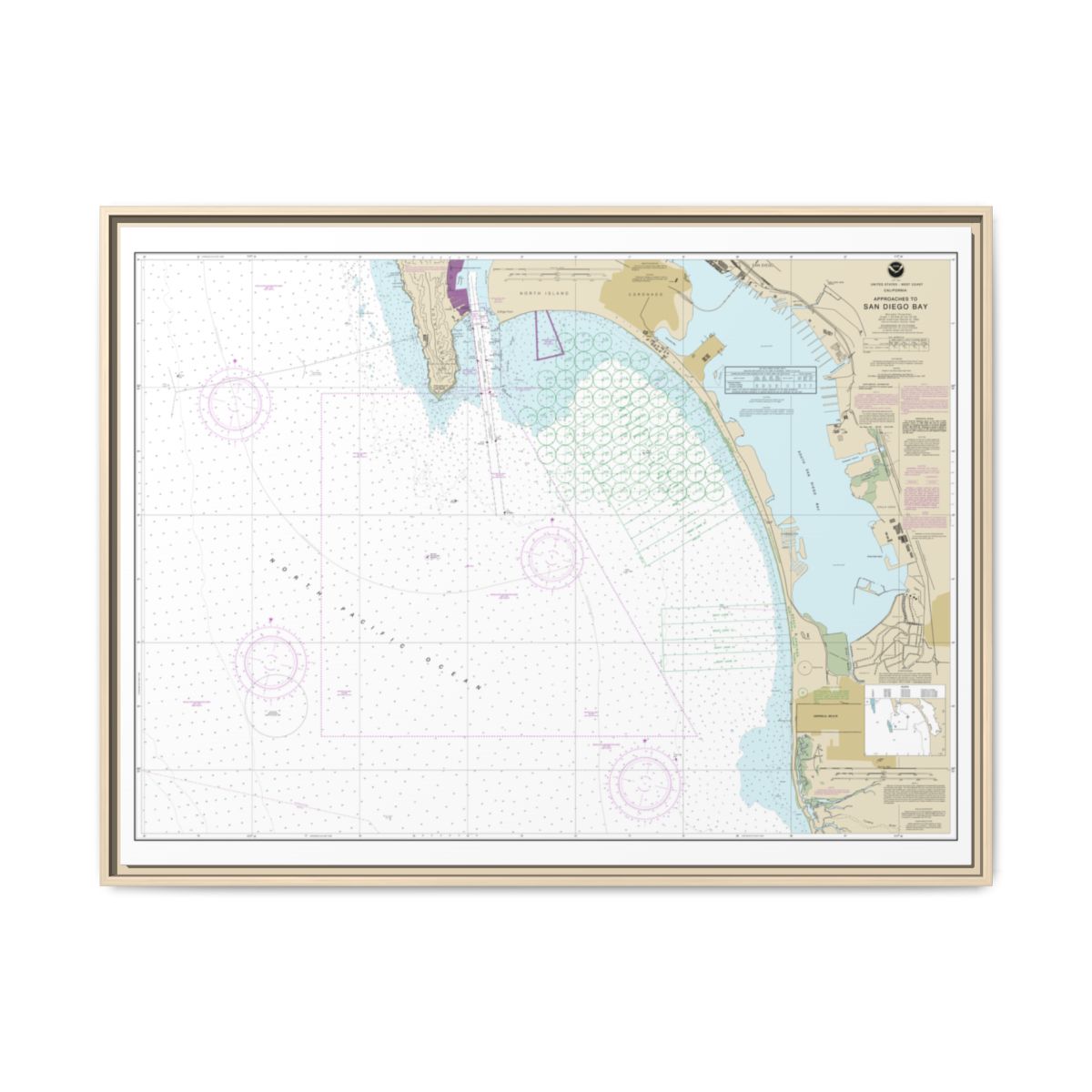 Chart 18772 Approaches to San Diego Bay - NOAA Nautical Chart Floating Frame Canvas | 32" x 24" | 40" x 30" - Natural front