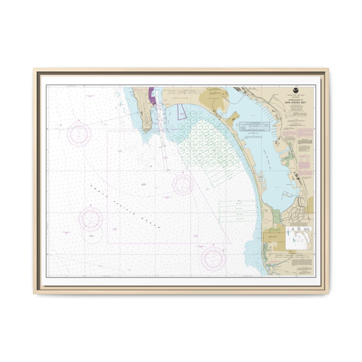 Chart 18772 Approaches to San Diego Bay - NOAA Nautical Chart Floating Frame Canvas | 32" x 24" | 40" x 30" - Natural front