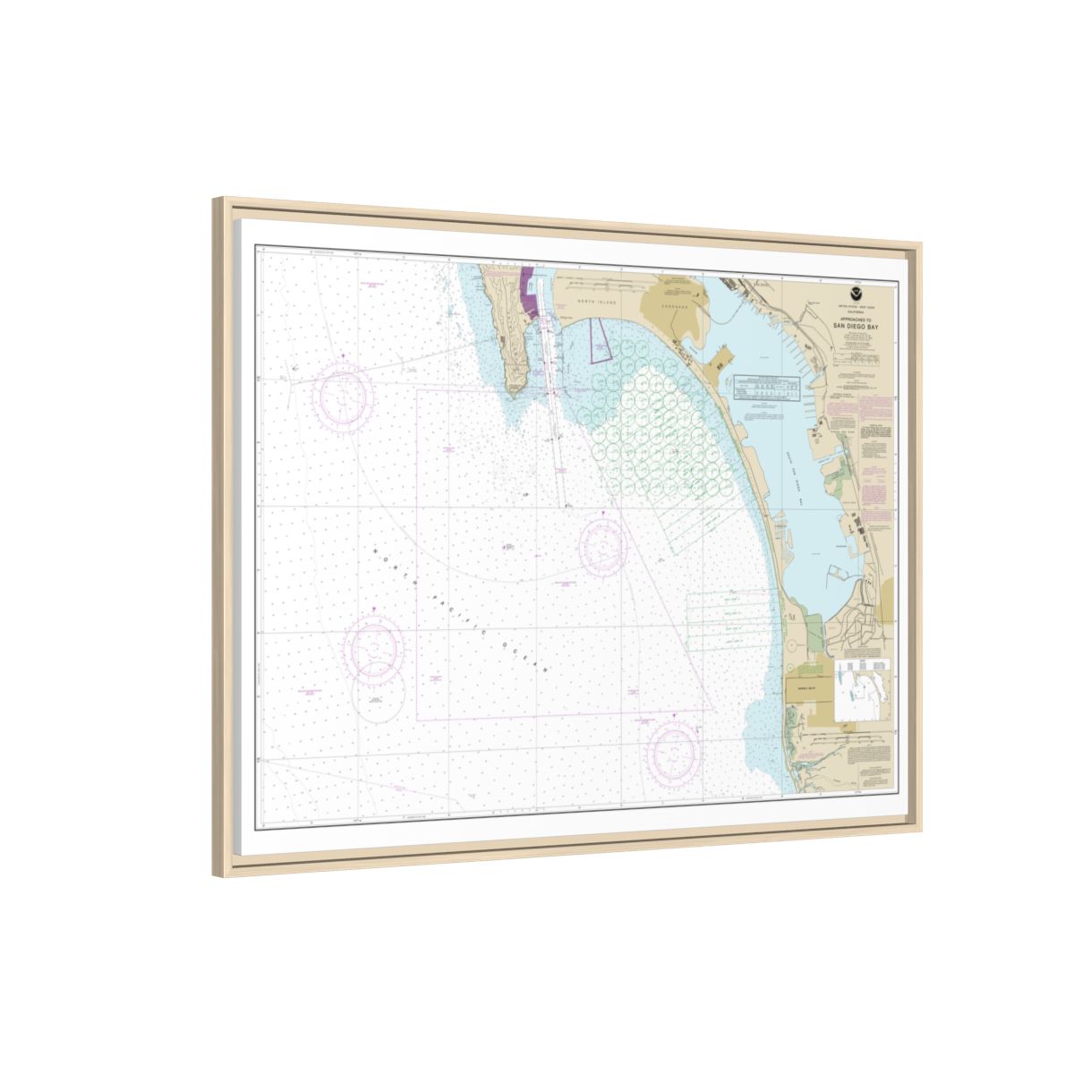 Chart 18772 Approaches to San Diego Bay - NOAA Nautical Chart Floating Frame Canvas | 32" x 24" | 40" x 30" - Natural side