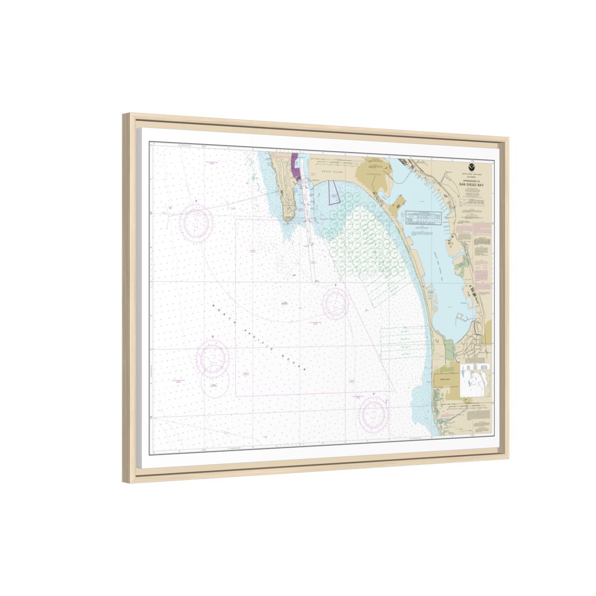Chart 18772 Approaches to San Diego Bay - NOAA Nautical Chart Floating Frame Canvas | 32" x 24" | 40" x 30" - Natural side