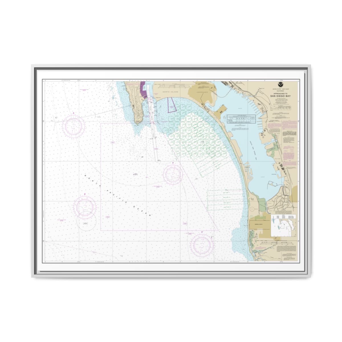 Chart 18772 Approaches to San Diego Bay - NOAA Nautical Chart Floating Frame Canvas | 32" x 24" | 40" x 30" - White front